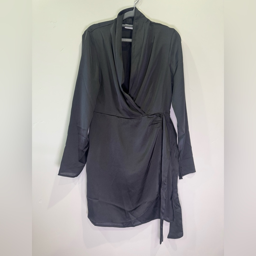🌸 4 for $30 Cowl Neck Noisy may Black Satin Faux Wrap Long Sleeve Dress